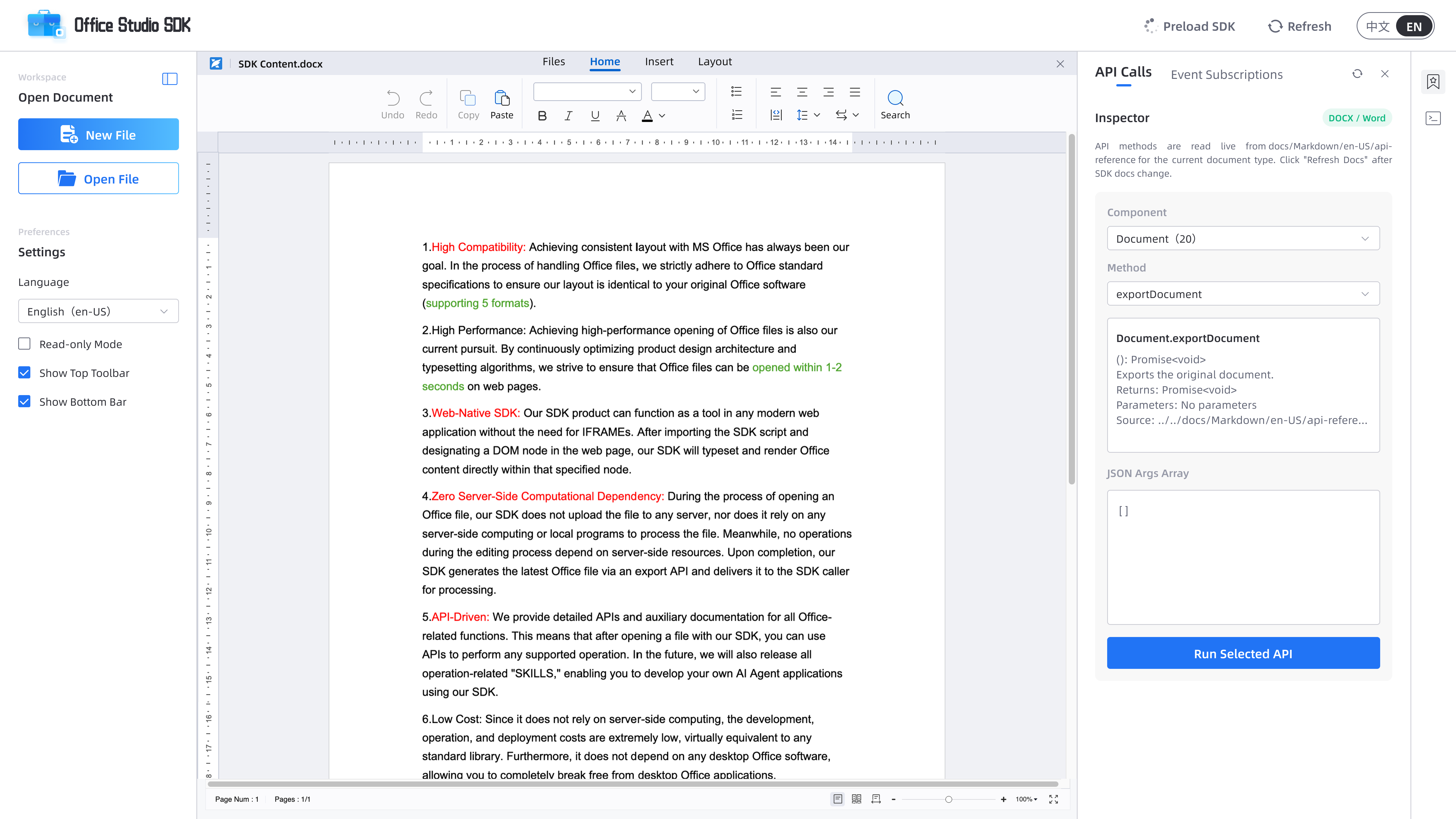 Office Studio SDK document editor embedded in a web page