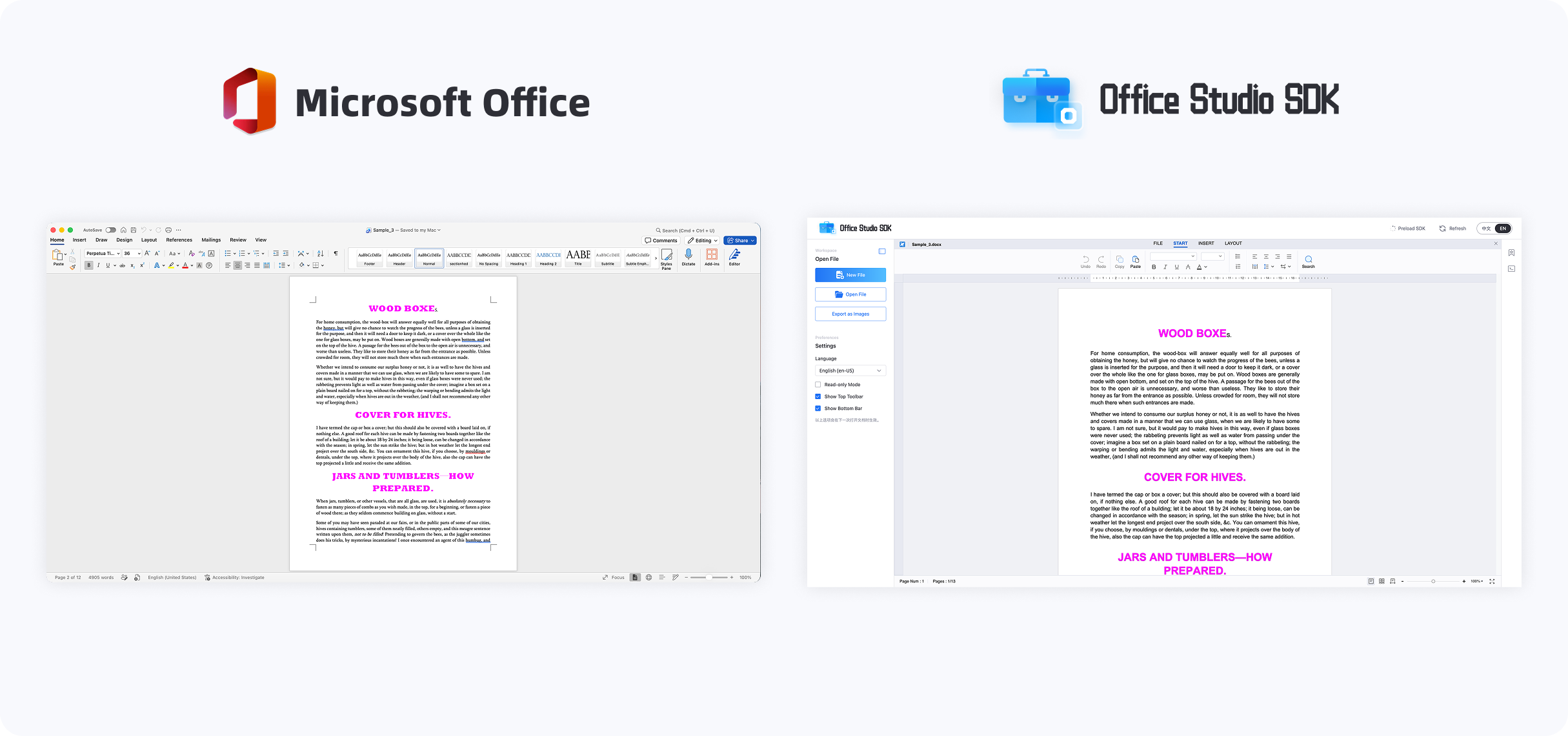 Microsoft Office and Office Studio SDK rendering comparison