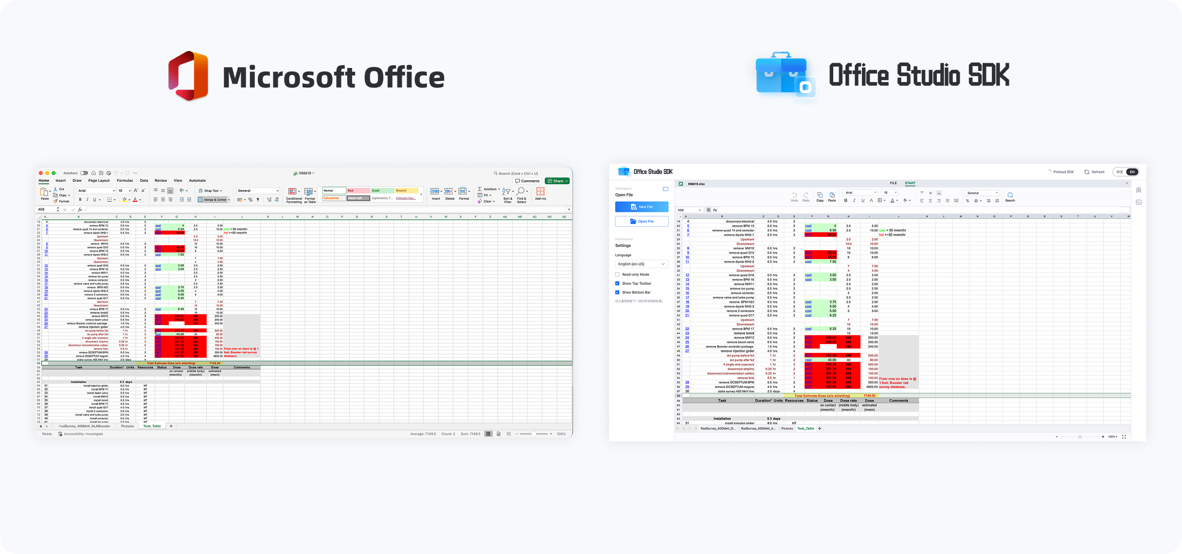Microsoft Office and Office Studio SDK spreadsheet rendering comparison