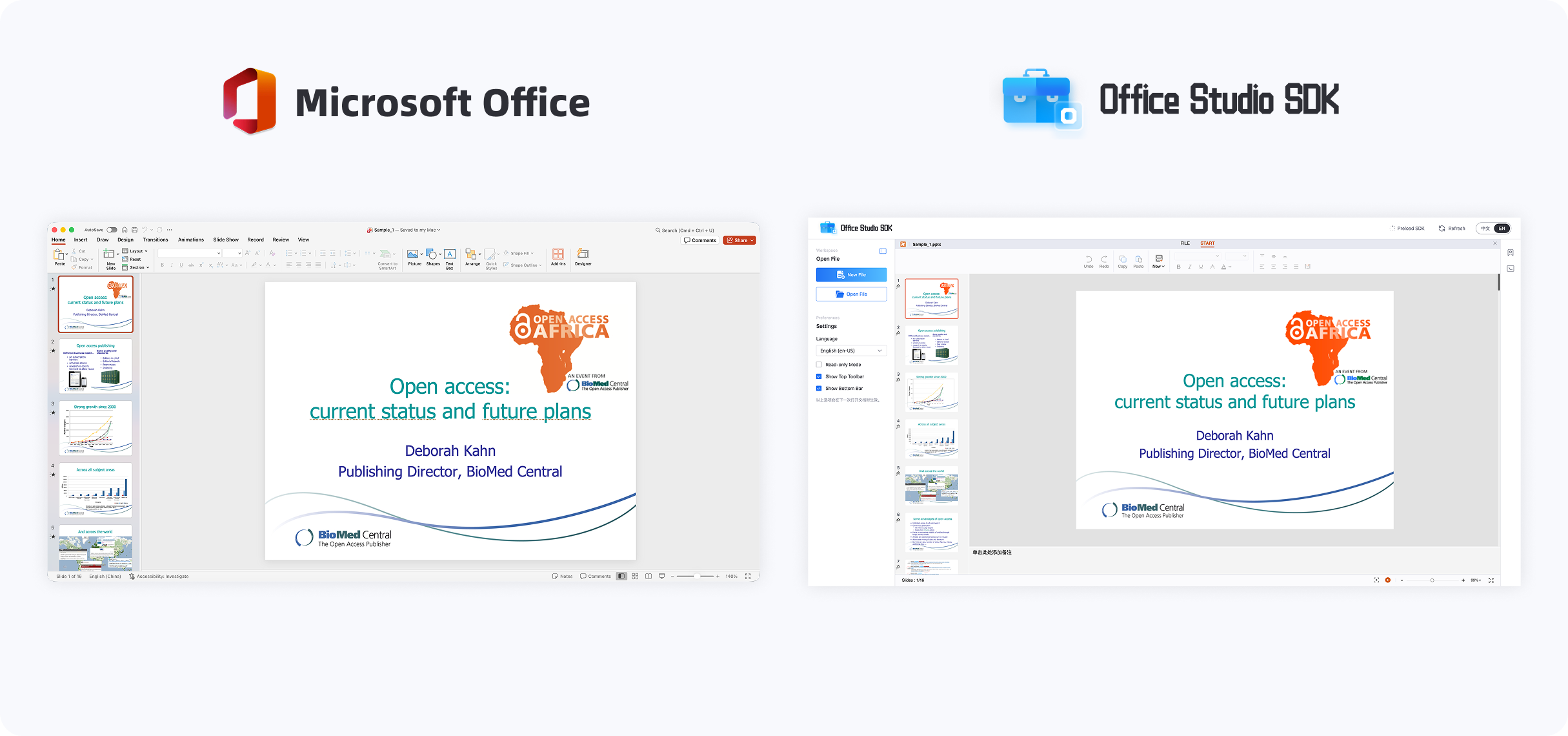 Microsoft Office and Office Studio SDK presentation rendering comparison