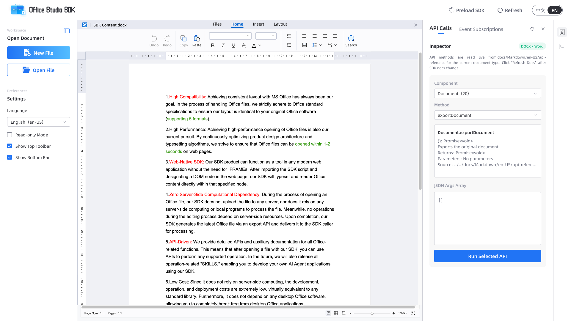 Office Studio SDK editor interface